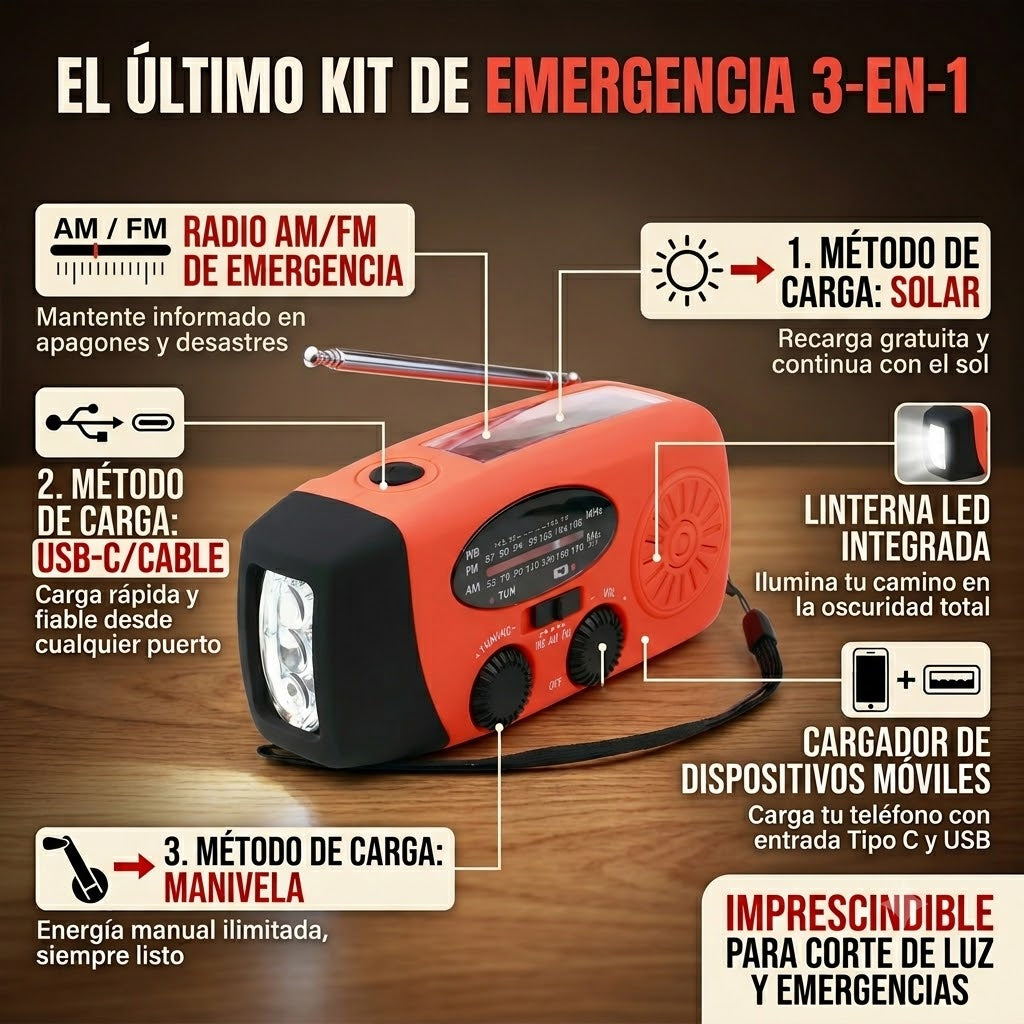 Lámpara Radio de Emergencia con Linterna y Cargador